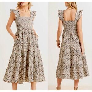 OPT Floral Calypso Nap Dress Smocked Cotton Tiered Midi White Brown XL Flutter C